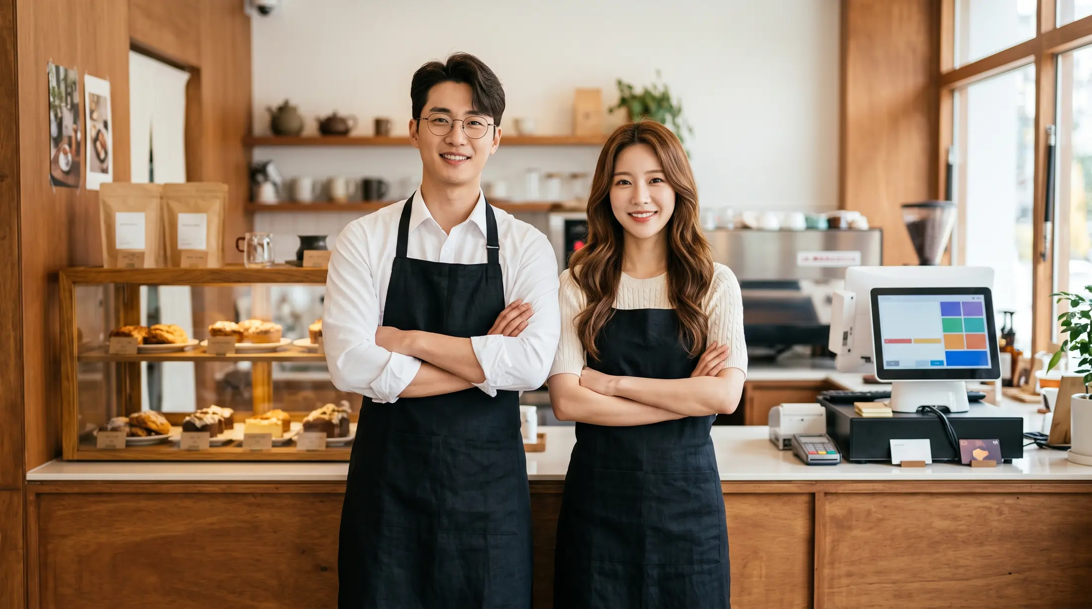 카페 카운터 앞에 선 두 사장님